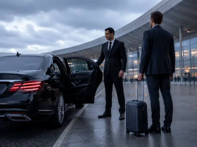 Airport car service black sedan at Boston Logan Airport terminal